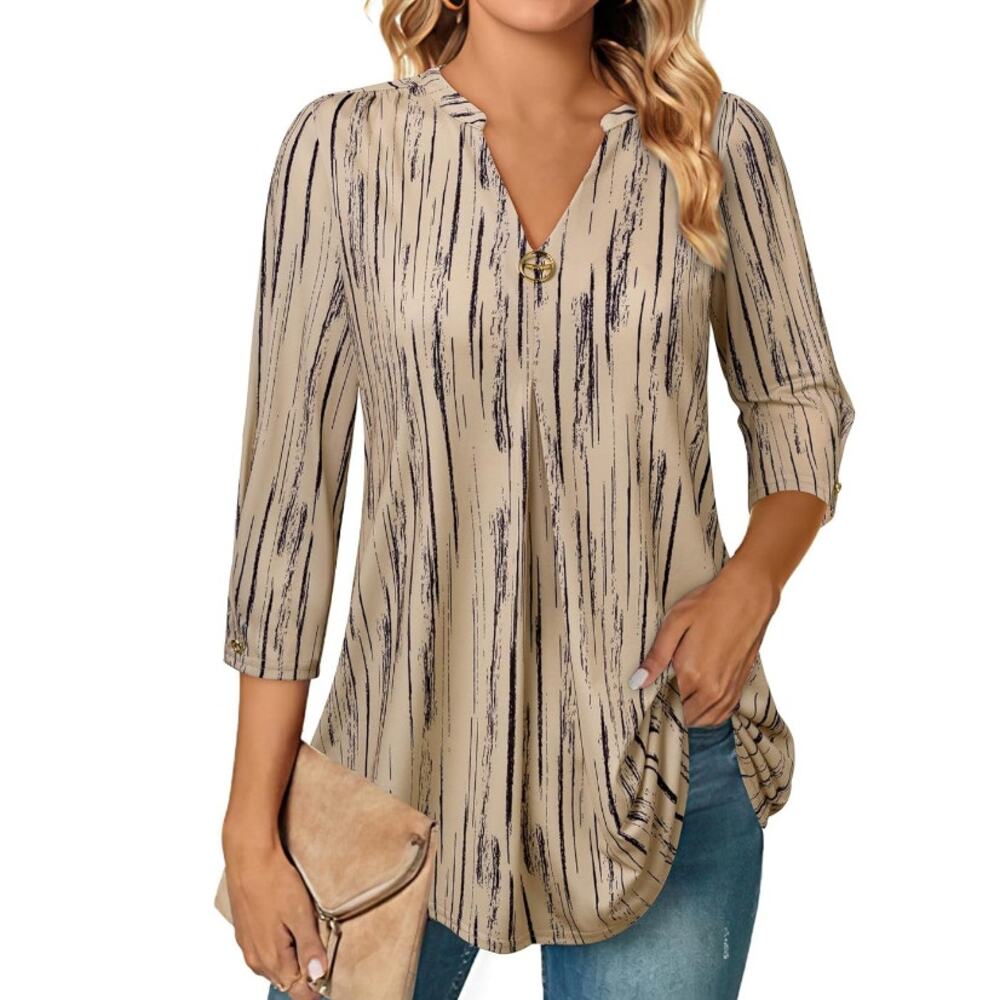 New VALOLIA Women's Beige Stripe 3/4 Sleeve V Neck Casual Tunic Top Size XL